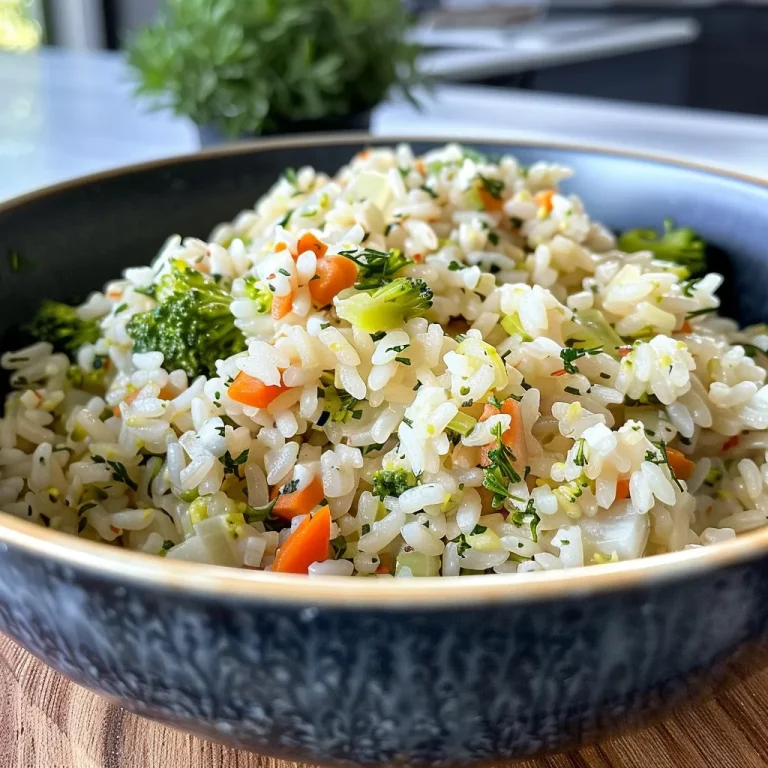 Side view of vibrant rice mixed with broccoli, carrots, and kale.