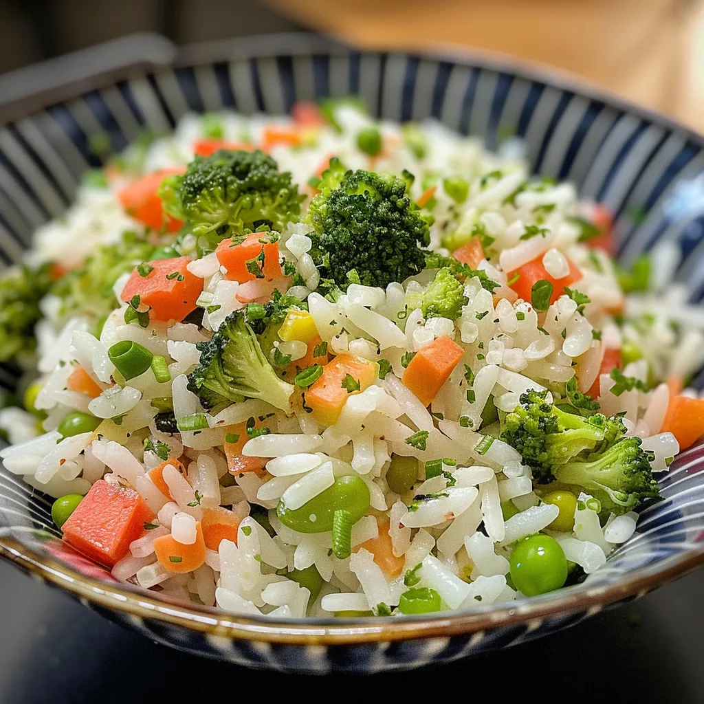 Detailed shot of a healthy rice dish garnished with green herbs.