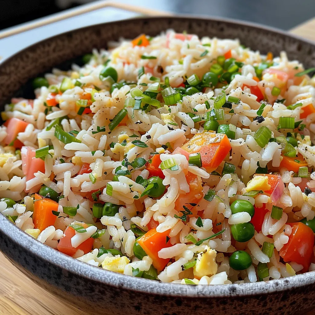 Juicy and colorful Arroz Primavera served in a bowl, showcasing its ingredients.