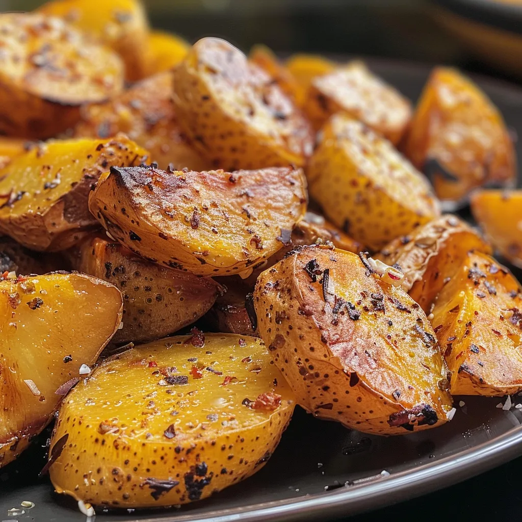 Batatas rústicas assadas com azeite e temperos, em foco lateral.