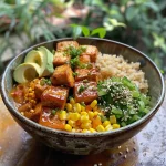 Tigela colorida contendo tofu panado, abacate fatiado e mistura de quinoa.