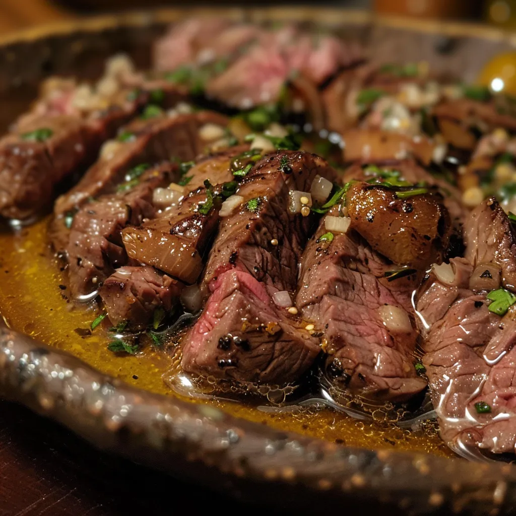 Detalhe da carne assada na cerveja, mostrando textura e cores vibrantes dos ingredientes.