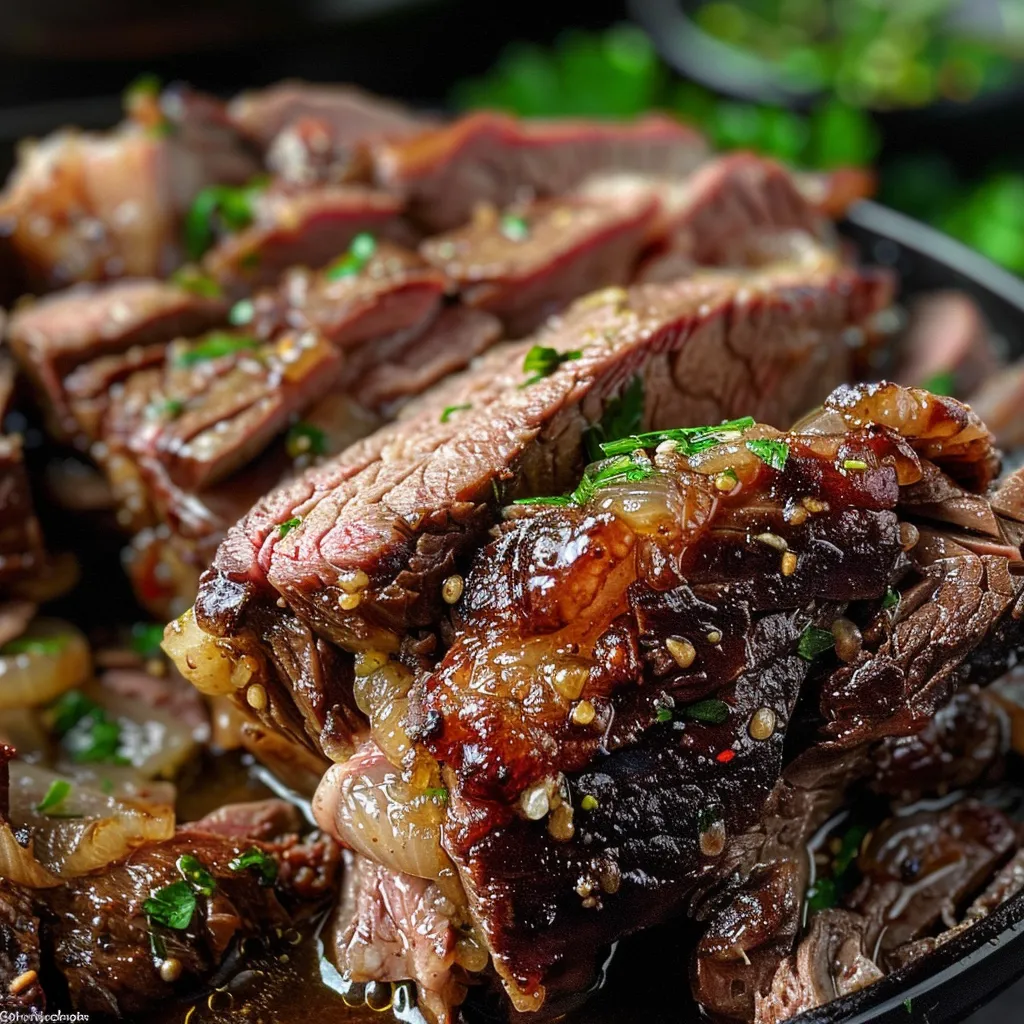 Detalhe de carne assada no forno com alho e cebola.