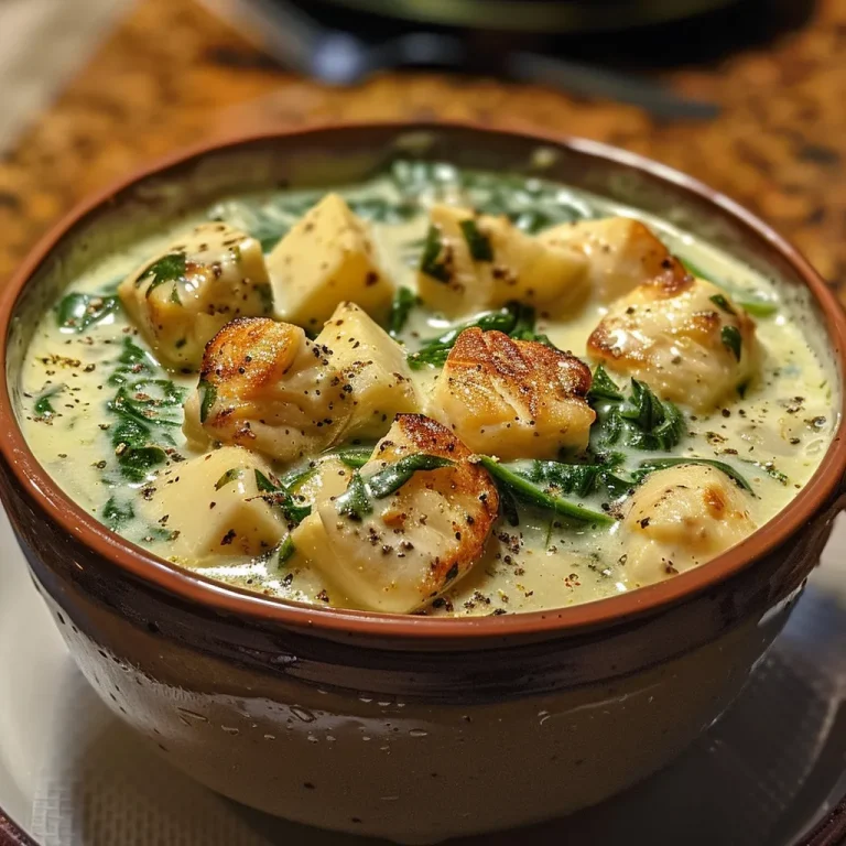 Descubra o Sabor do Creme de Espinafre com Frango: Praticidade e Delícia na sua Mesa! Juicy chicken pieces in a rich spinach sauce, captured in detail.