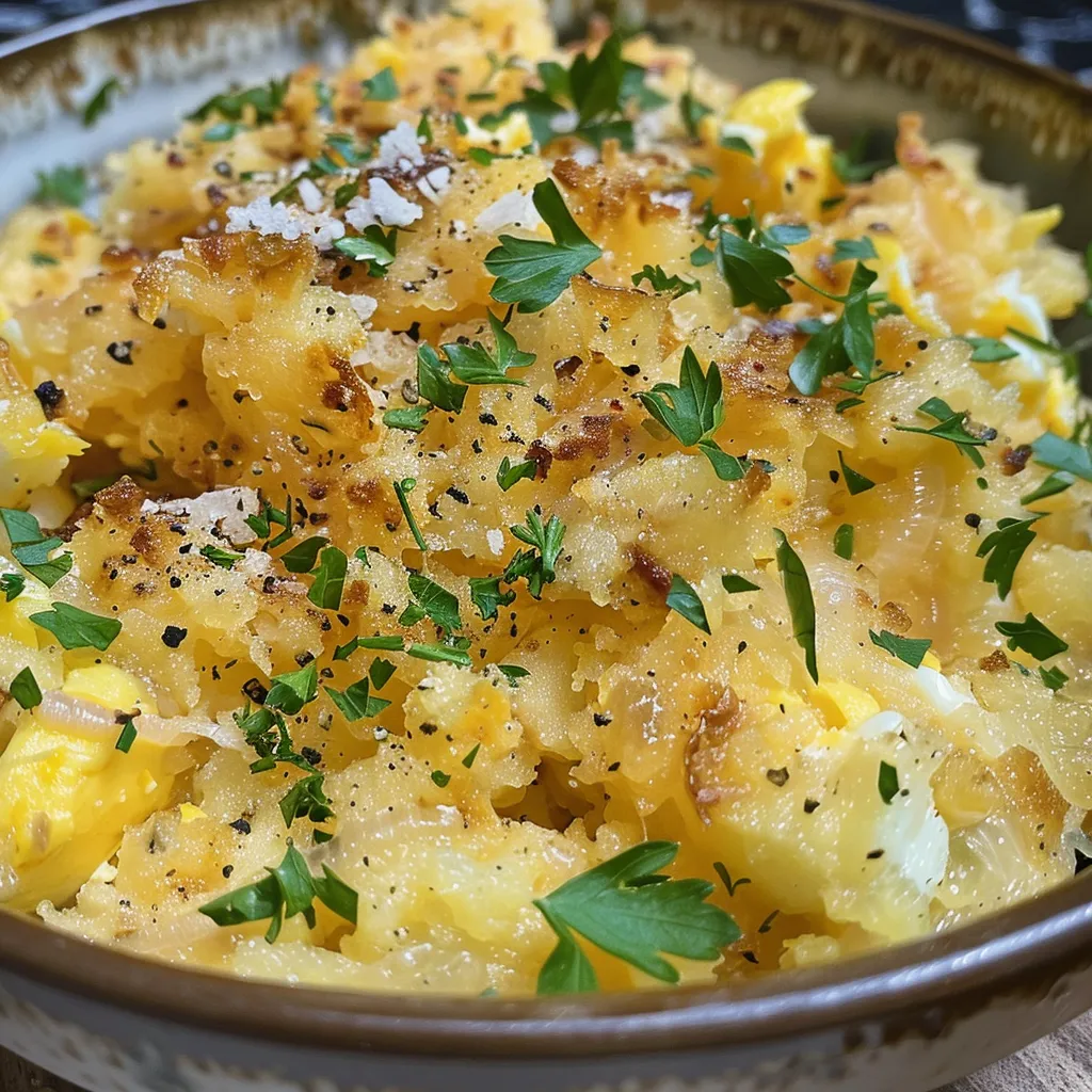 Detailed shot of Farofa de Ovo with visible pieces of onion, parsley, and eggs.