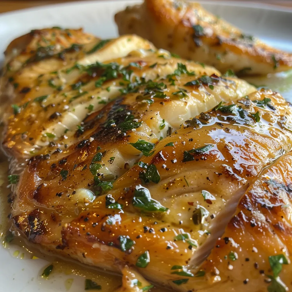 Filé de frango grelhado em foco, com ervas e temperos ao redor.