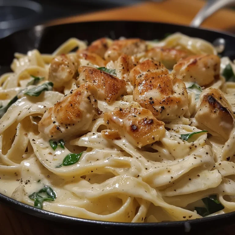 Juicy Frango Alfredo showcasing fettuccine, spinach, and mushrooms.