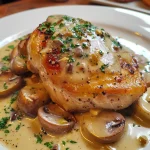 Juicy pieces of Frango com Creme de Cebola displayed on a white plate, garnished with green herbs.