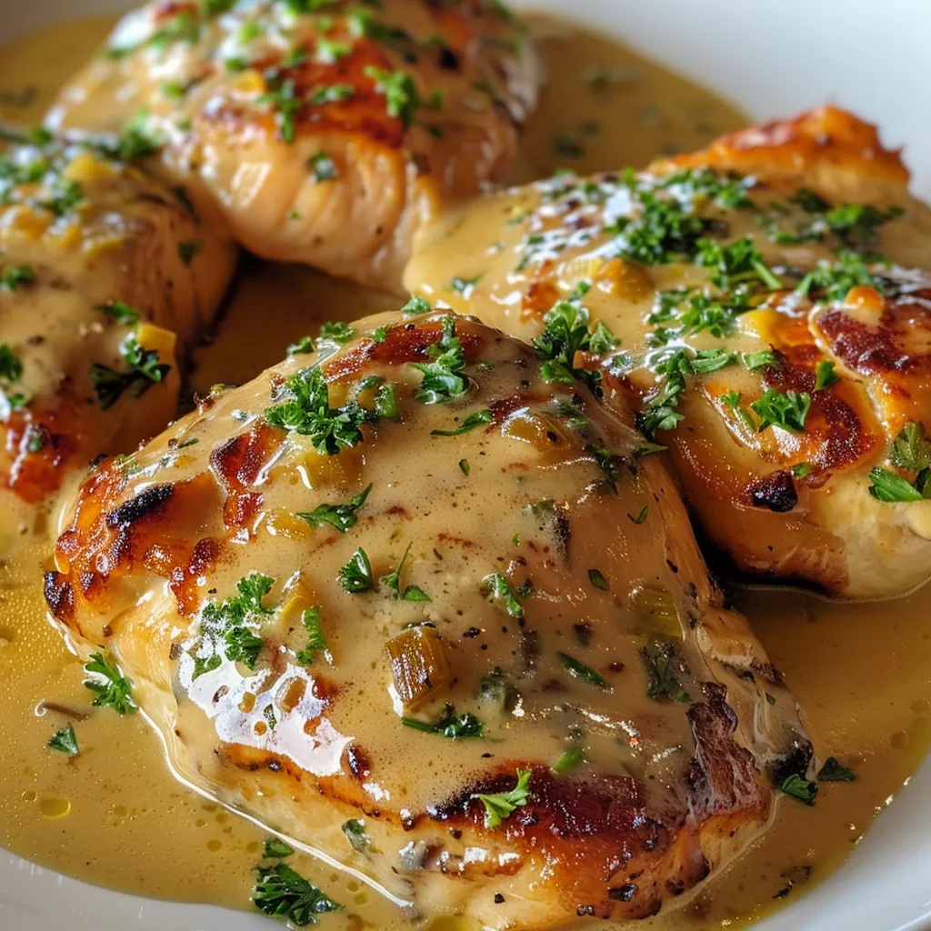 Detailed image of Frango com Creme de Cebola, focusing on the creamy texture and succulent chicken.