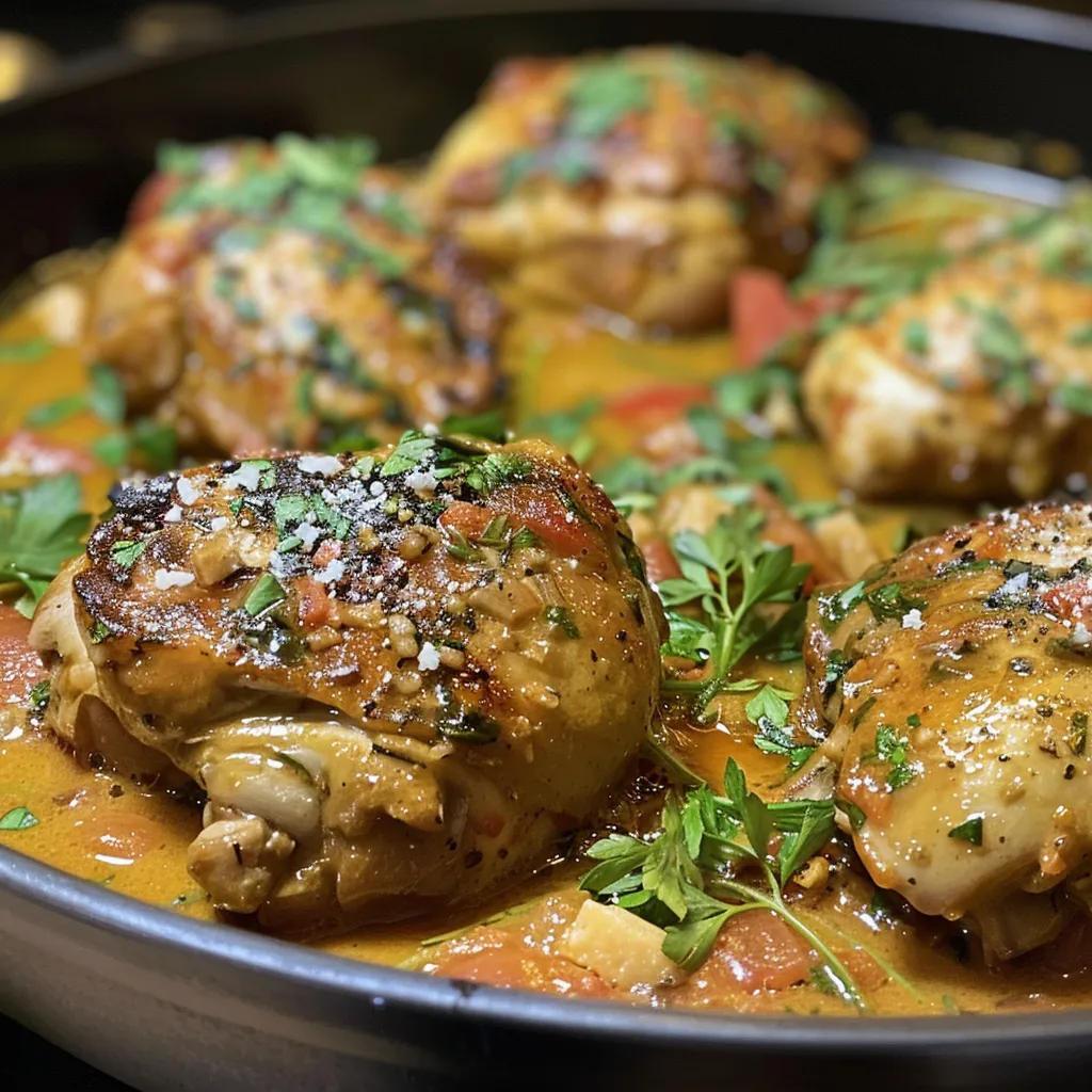 Detail of a hearty slow-cooked chicken meal garnished with basil leaves.