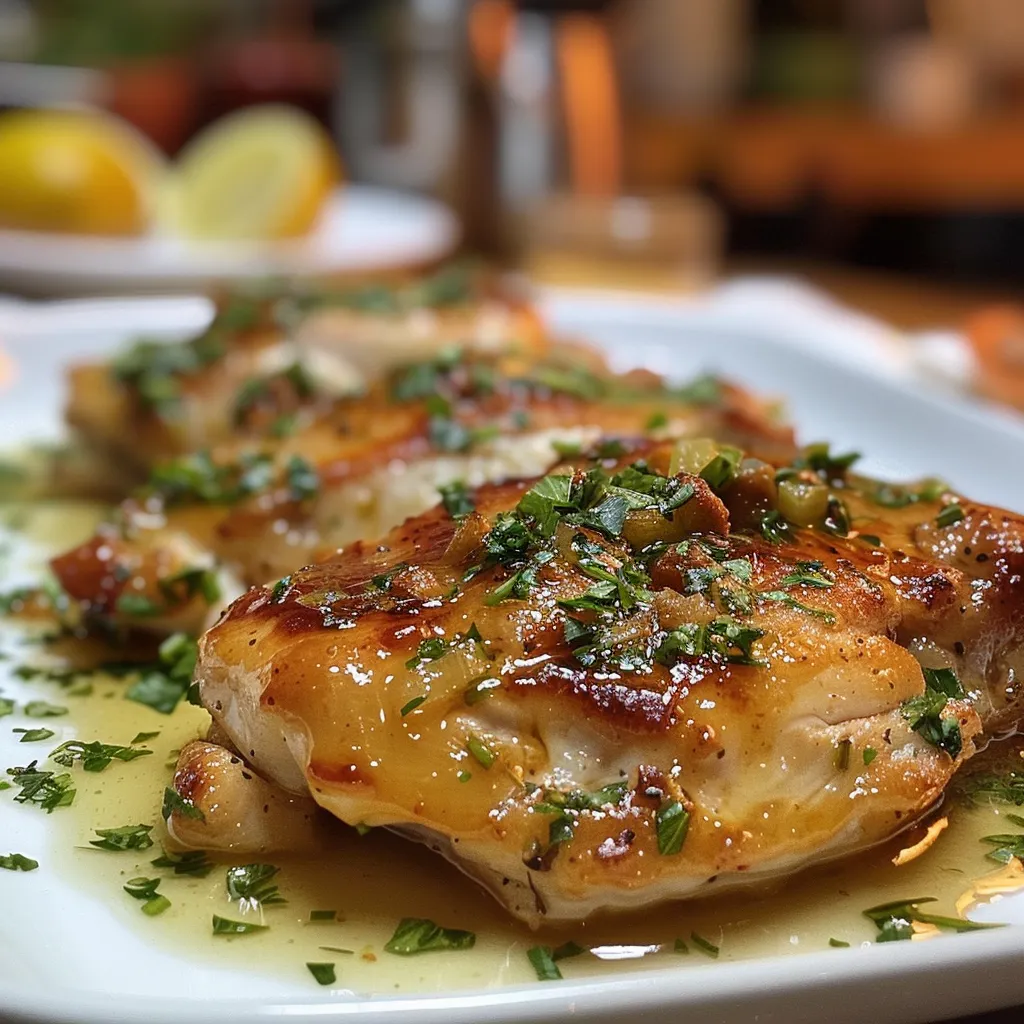 Frango grelhado delicioso servido com um molho aromático de alho e cebola, em um prato rústico.