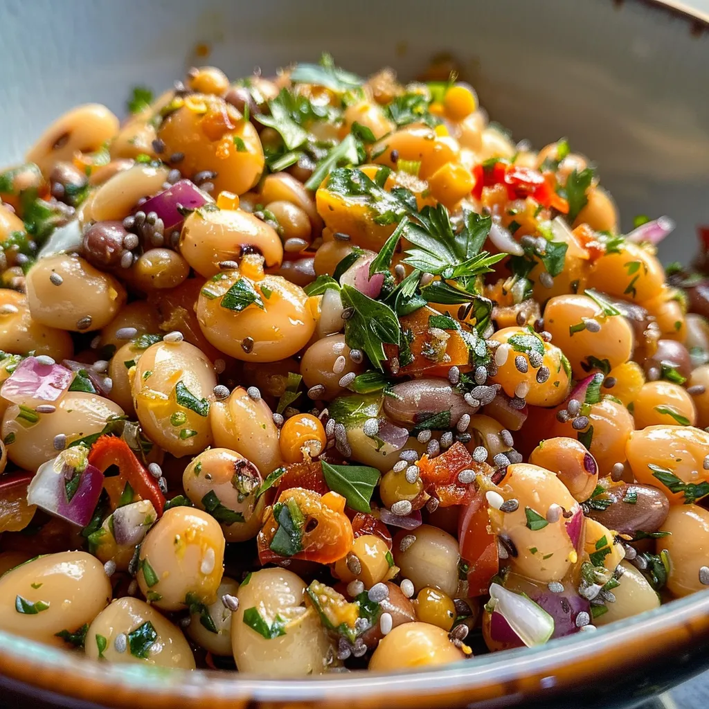 Detailed view of baked zucchini, carrots, and beets with toppings of seeds and herbs.