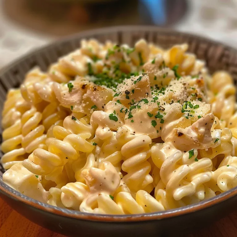 Delicious creamy chicken pasta in a bowl, with vibrant colors and textures.