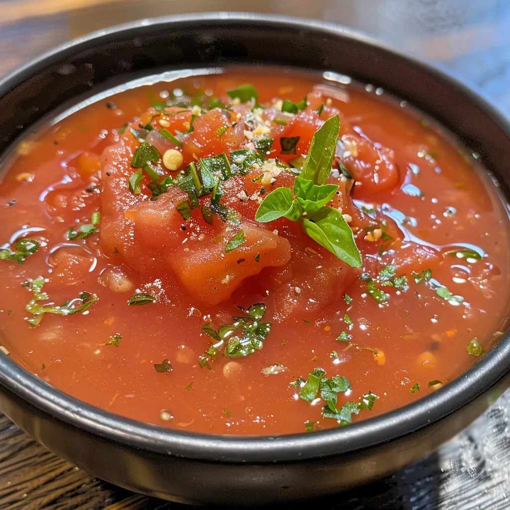 Detailed image of homemade tomato sauce with basil and parsley garnish.