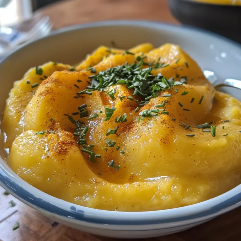 Transforme Suas Refeições com um Purê de Batata-Doce Cremoso e Aromático Tigela de purê de batata-doce com gengibre, decorada com salsinha picada.