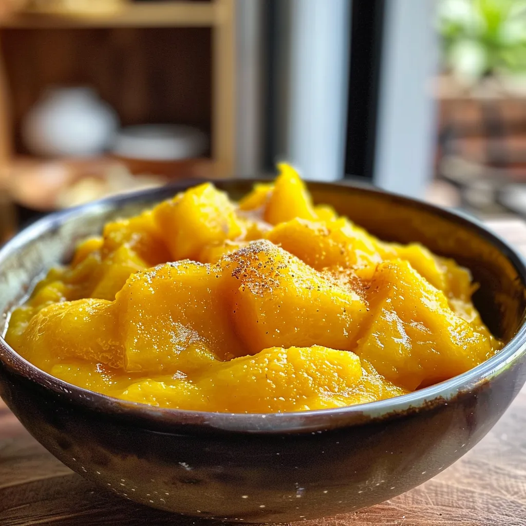 Close-up of purê de batata doce, emphasizing its creamy consistency and savory ingredients.