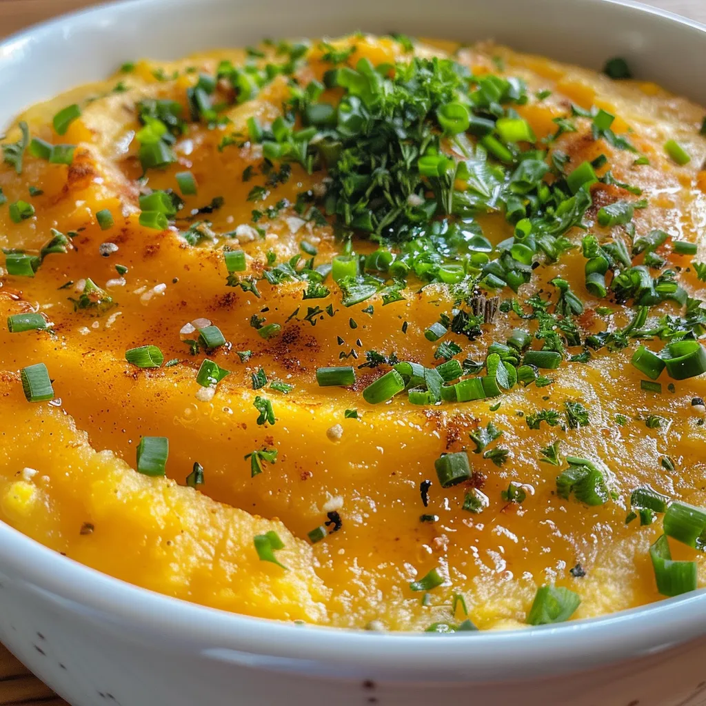 Purê de batata servido com uma colher em um fundo neutro.