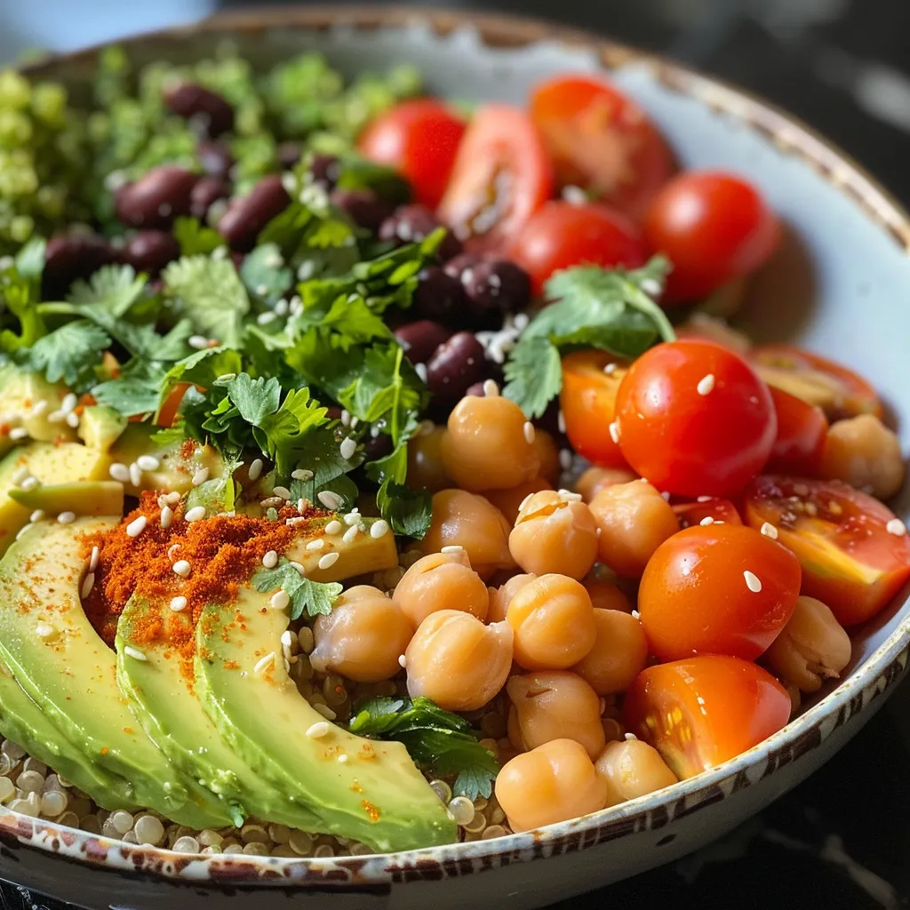 Delicious quinoa bowl loaded with various ingredients and garnished with sesame seeds.