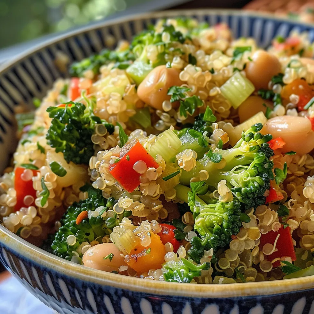 A delicious mix of quinoa and various vegetables, showcased from the side.