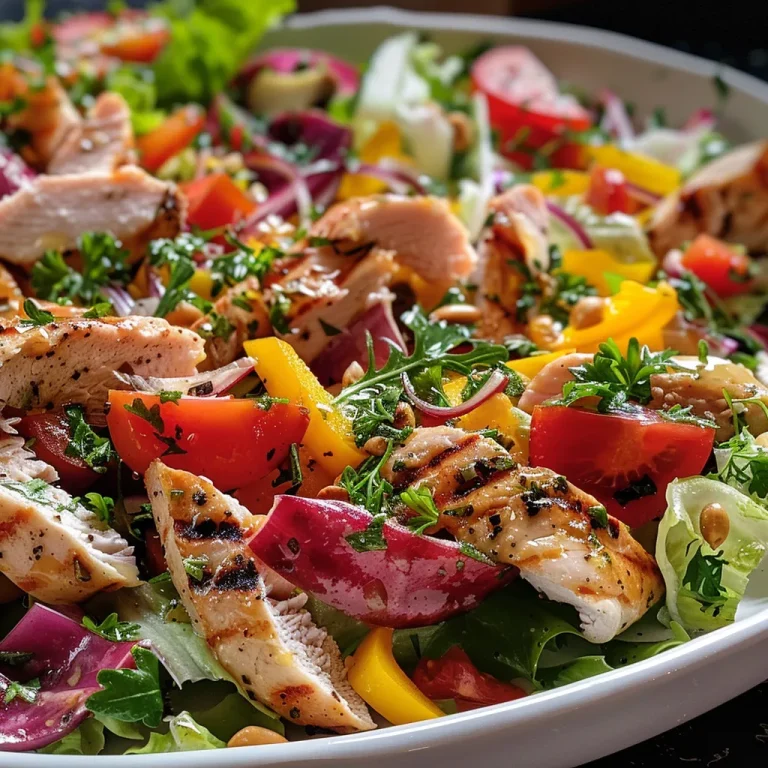 Imagem detalhada de uma salada com frango, destacando vegetais coloridos e molho.