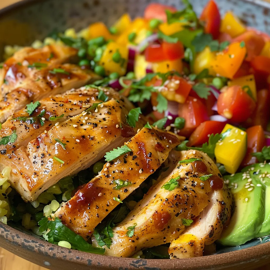 Salada vibrante com peito de frango, apresentada lateralmente, mostrando texturas e cores.