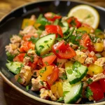 Porção de salada de atum em um prato, destacando ingredientes frescos.