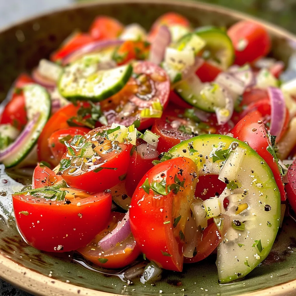 Salada de atum com tomates, pepino e molho de azeite em uma apresentação vibrante.