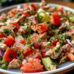Ingredientes de salada de atum dispostos em camadas, incluindo ovos e cenouras.