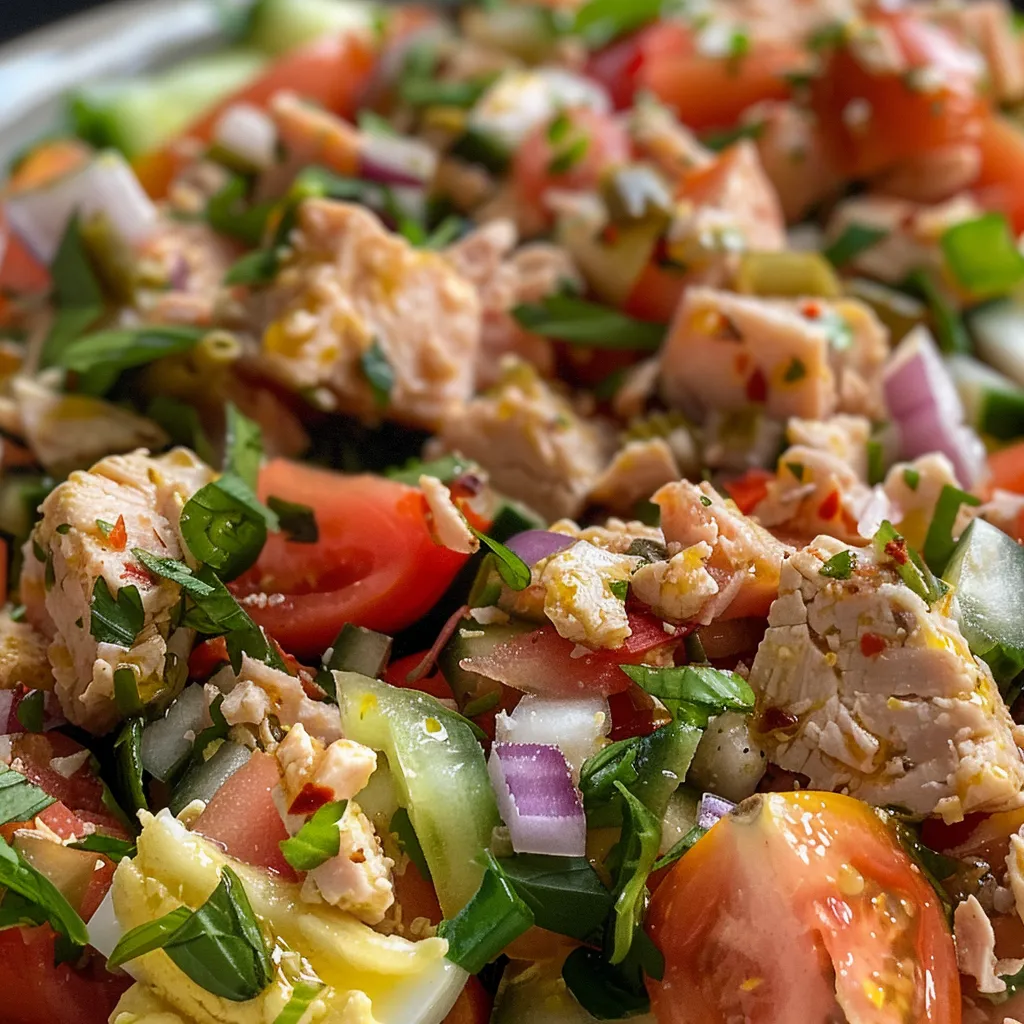 Salada de atum deliciosa com mistura de vegetais e molho.