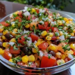 Detailed shot of a salad featuring chickpeas, vegetables, and olives.