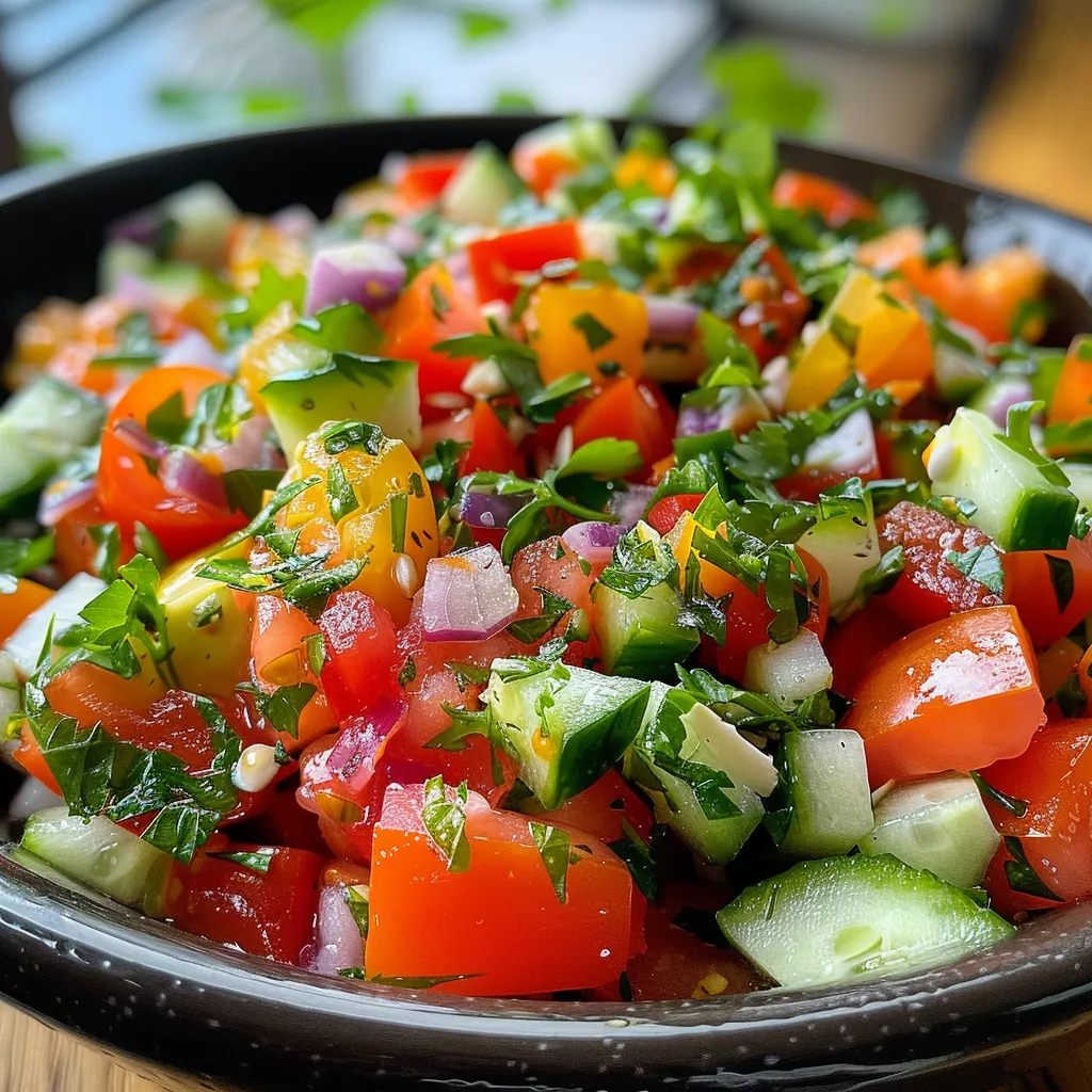 Detailed shot of a chickpea salad, showing diced tomatoes, onions, and peppers.