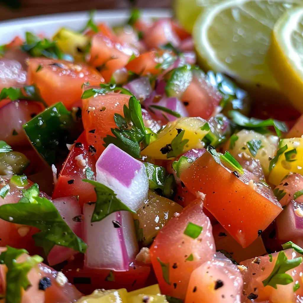 Imagem detalhada de uma salada vibrante com repolho, manga e limão.