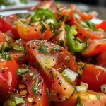 Ingredientes frescos da salada em um prato, com foco em tomates e pimentões.