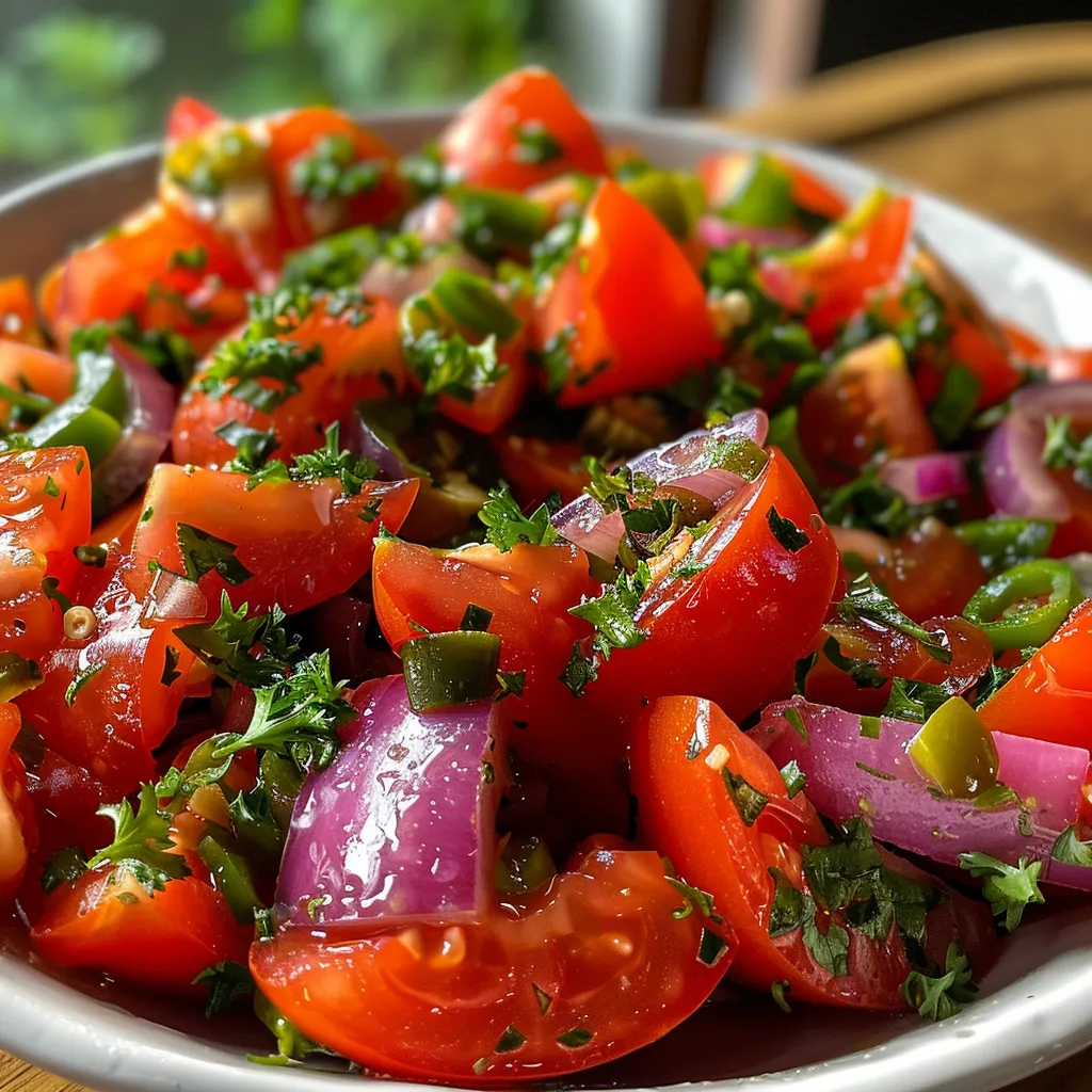 Salada vibrante de tomate, pimentão verde e cebola em detalhe.