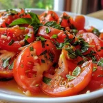 Salada colorida de tomates variados com temperos em destaque.
