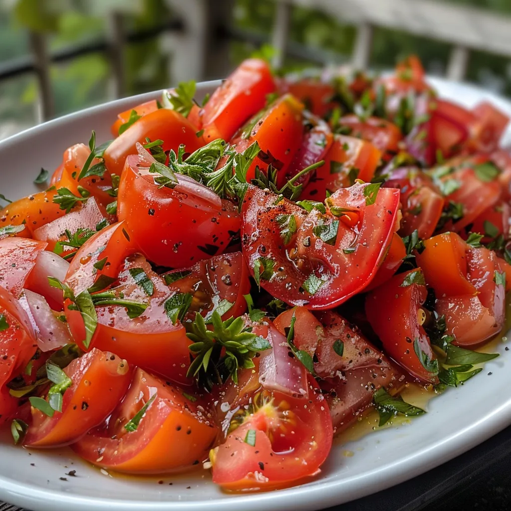 Foto lateral de uma salada de tomate simples e saborosa.