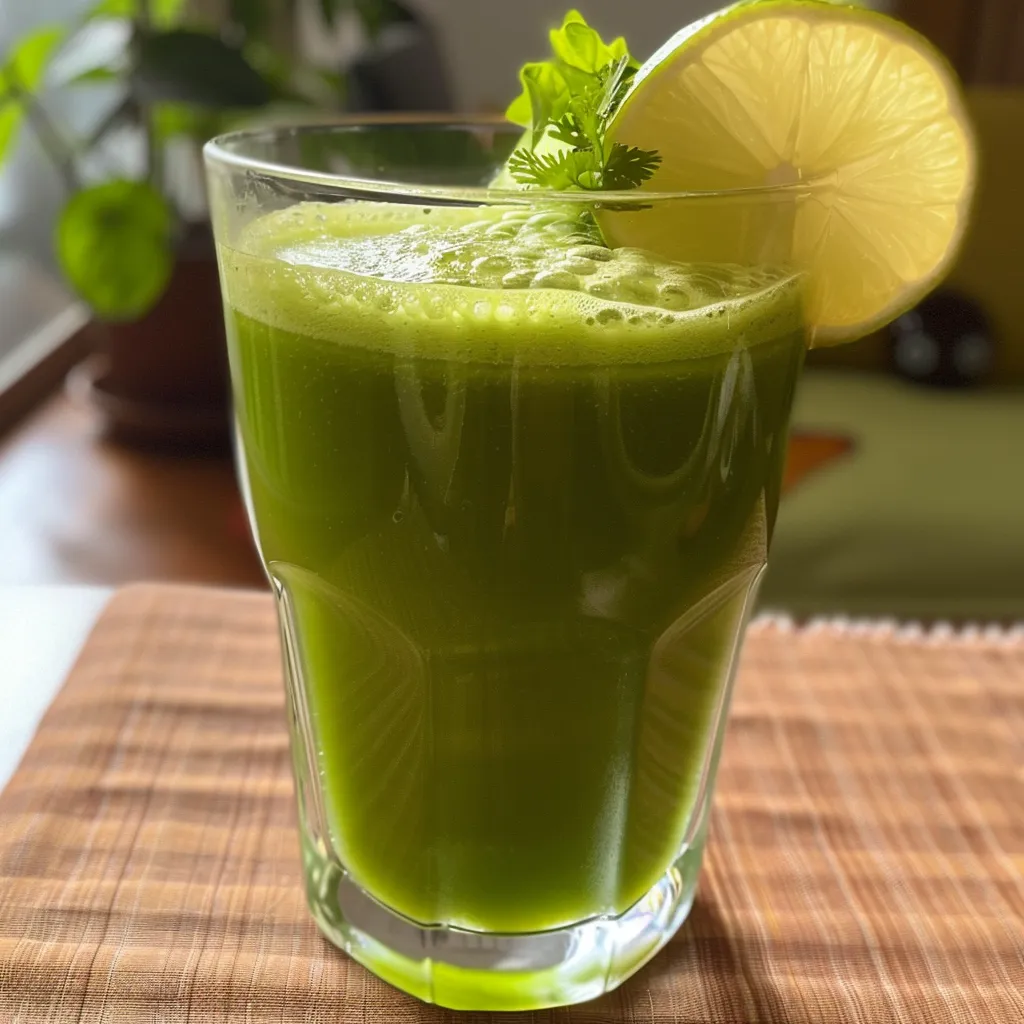 Detalhe de um suco de abacaxi e hortelã, com fatias de maçã e pepino ao lado.
