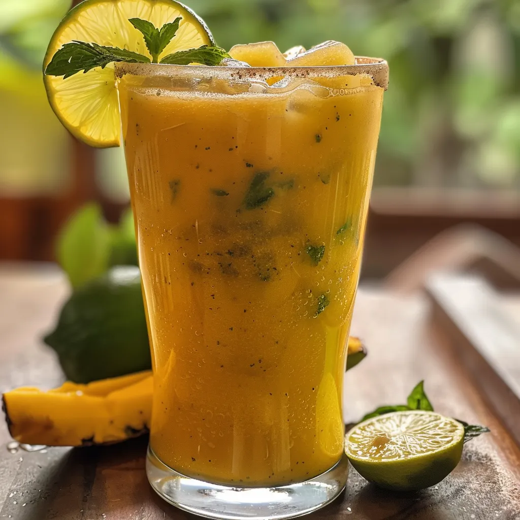 Imagem de um copo de Suco Detox Tropical, com abacaxi e hortelã visíveis.