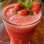 Vista lateral de um copo de suco de morango, com gotas de água pela superfície.