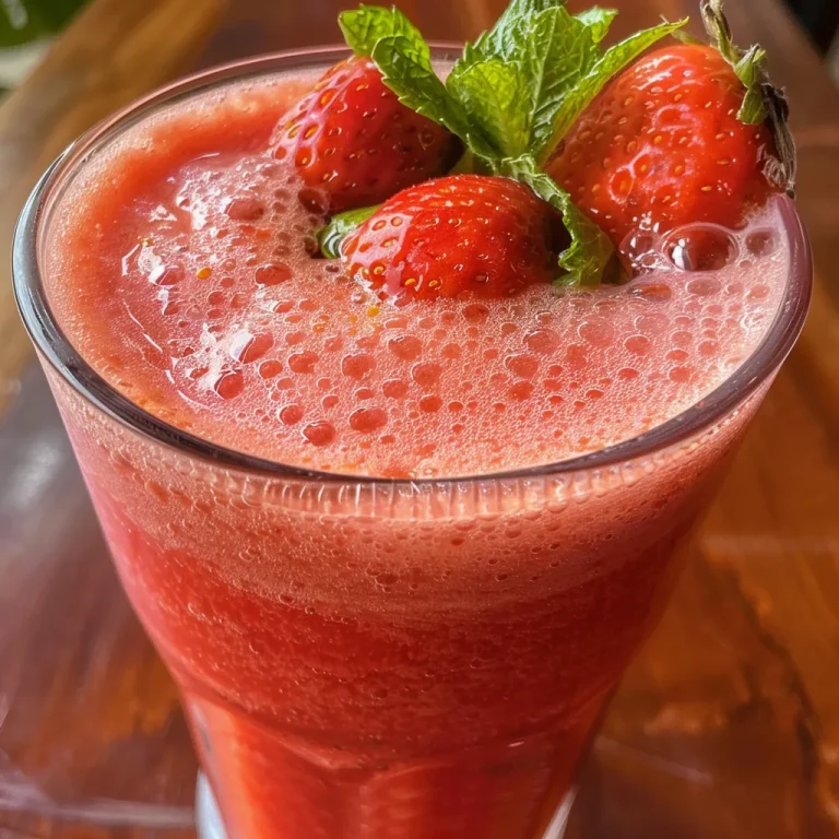 Vista lateral de um copo de suco de morango, com gotas de água pela superfície.