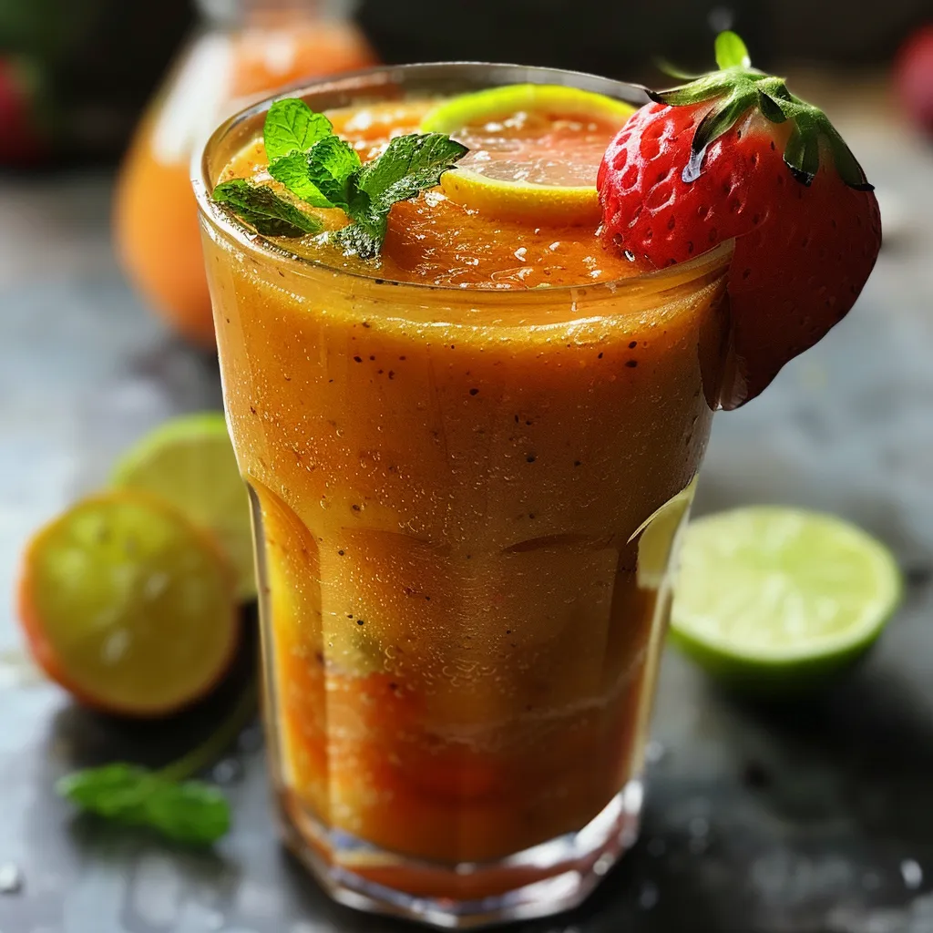 Close-up de suco de morango fresco servido em um copo com limão.