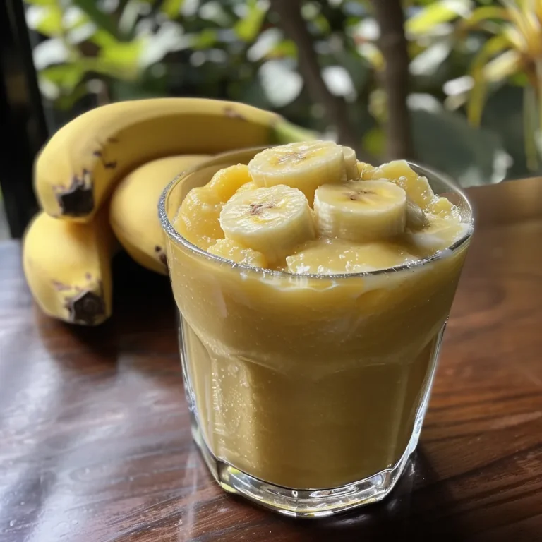 Foto lateral de uma vitamina de banana fresca com uma textura espessa.