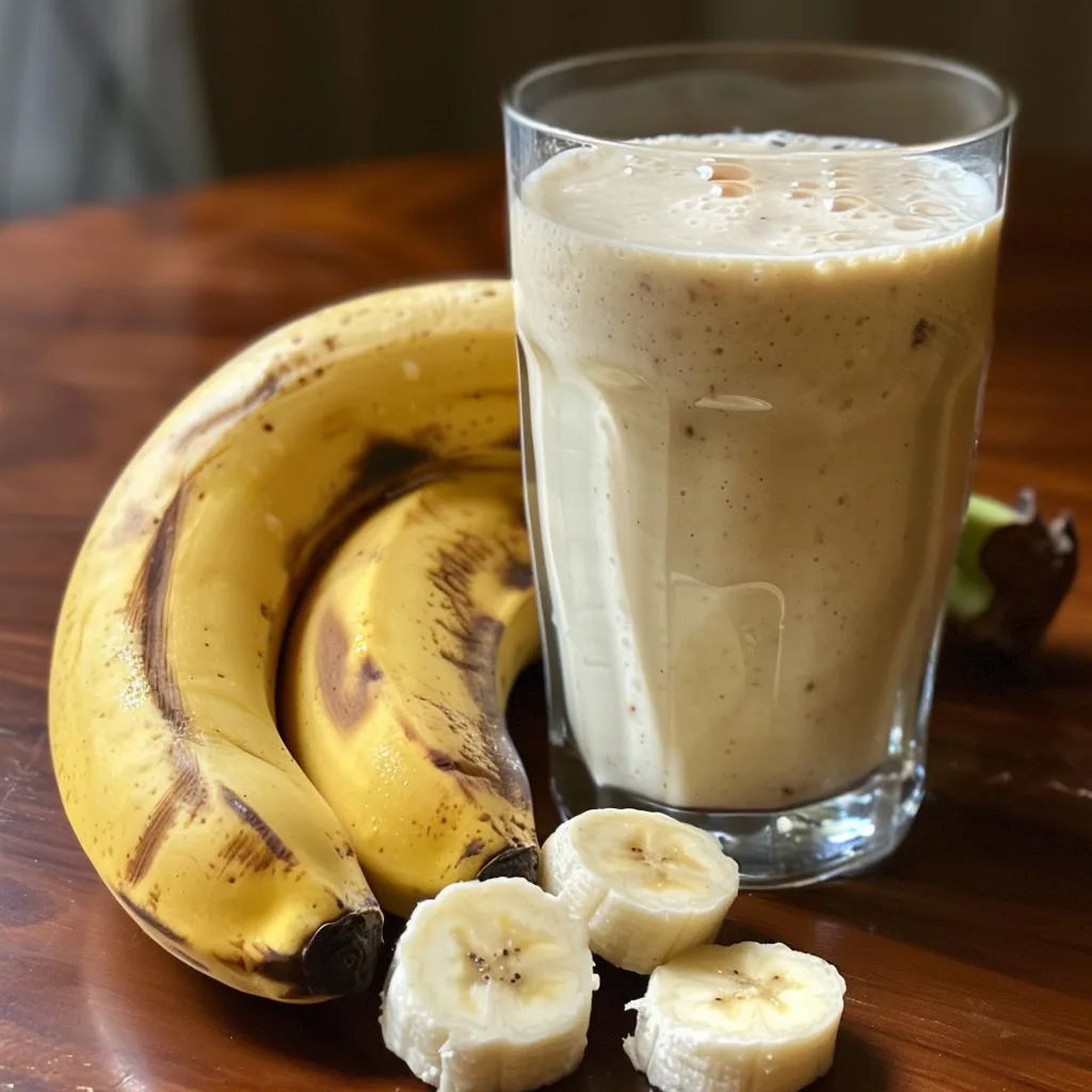 Bebida de vitamina de banana com fatias de banana decorando a borda do copo.