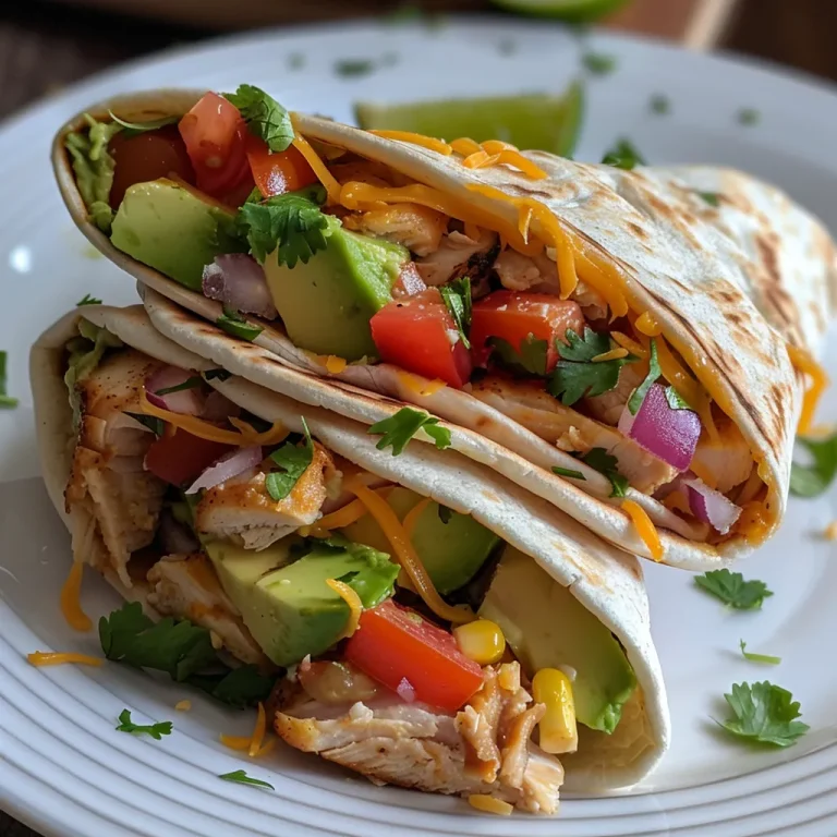 Imagem de wrap recheado com frango, abacate e vegetais frescos.