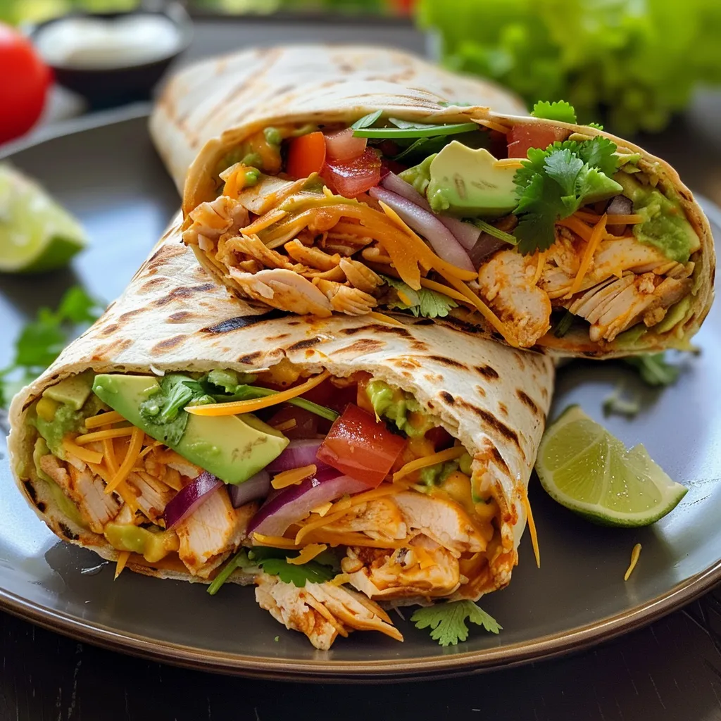 Wrap de frango e abacate com ingredientes frescos ao redor.