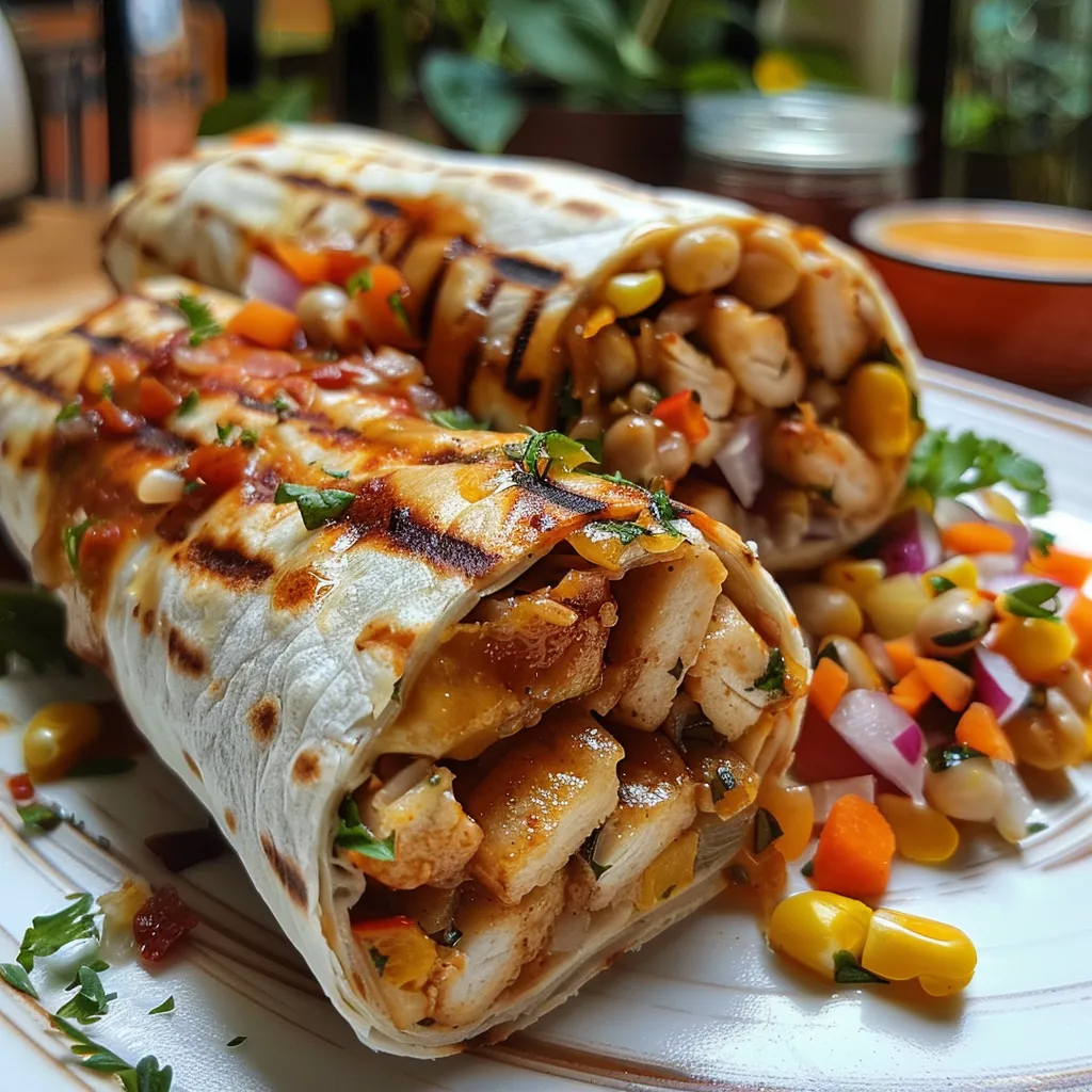 A colorful, fresh wrap featuring chicken, lettuce, and grated carrots.