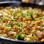 Prato saudável de arroz integral envolto por brócolis, couve-flor e cenoura.