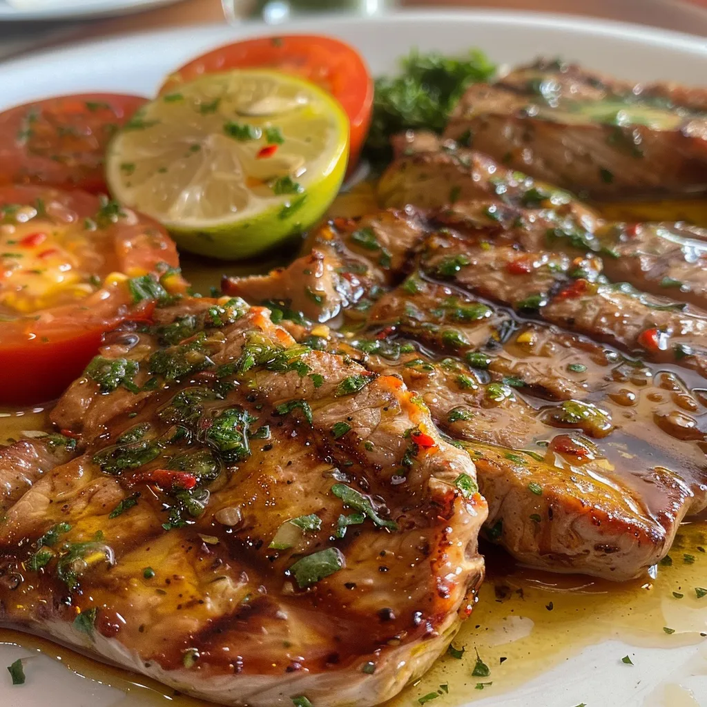 Freshly cooked chicken steak with lemon slices and garlic.