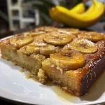 Close-up de bolo de banana simples, com destaque para a cor dourada e os pedaços de banana.