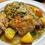 Detailed shot of Canja de Galinha, featuring the broth, chunks of chicken, and herbs.